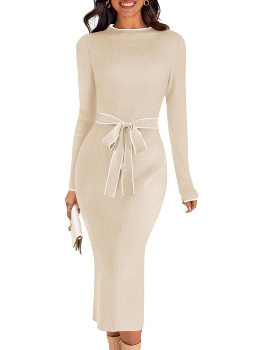 Chic Women's Fall Midi Sweater Dress with Long Sleeves & Tie Waist - Bodycon
